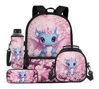 UOIMAG Ensemble sac à dos et sac à déjeuner pour enfants 4 pièces avec porte-bouteille d'eau et trousse à crayons, Dragon Cherry Blossom, Taille unique, Ensemble cartable