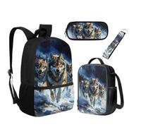 UOIMAG Ensemble sac à dos et sac à déjeuner pour enfants avec trousse à crayons et porte-clés 4 pièces, Wolf Running, Taille unique, Ensemble cartable