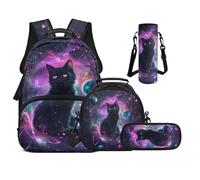 UOIMAG Joli sac à dos pour filles avec boîte à déjeuner pour école primaire garçons sac à livres avec sangles rembourrées 4 pièces, Planètes galaxie chat, M, Décontracté