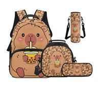 UOIMAG Joli sac à dos pour filles avec boîte à déjeuner pour école primaire garçons sac à livres avec sangles rembourrées 4 pièces, Thé aux bulles Capybara, M, Décontracté