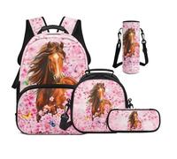 UOIMAG Joli sac à dos pour filles avec boîte à déjeuner pour école primaire garçons sac à livres avec sangles rembourrées 4 pièces, Cheval Fleurs de cerisier, M, Décontracté