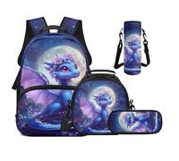 UOIMAG Joli sac à dos pour filles avec boîte à déjeuner pour école primaire garçons sac à livres avec sangles rembourrées 4 pièces, Dragon Fleur Lune, M, Décontracté