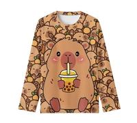 UOIMAG Joli t-shirt à manches longues pour filles de 3 à 16 ans pour garçons col rond extensible, Motif thé aux bulles Capybara, 13-14 ans