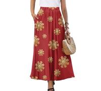 UOIMAG Jupe de sapin de Noël pour femme Maxi A Line Jupes fluides avec poches, Flocons de neige or rouge, L