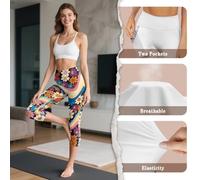 UOIMAG Legging de sport pour femme avec poches - Pantalon de yoga 3/4, Fleurs Hippie Swirl Waves, L