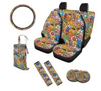 UOIMAG Lot de 10 housses de siège et de volant de voiture style Groovy Hippie avec motif floral, sac poubelle et dessous de verre