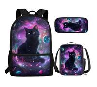 UOIMAG Lot de 3 sacs d'école pour enfants avec trousse à crayons et sac à dos léger, Chat noir Planètes Galaxie, Taille unique, Ensemble cartable