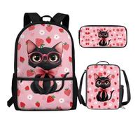 UOIMAG Lot de 3 sacs d'école pour enfants avec trousse à crayons et sac à dos léger, Chat noir Stawberry, Taille unique, Ensemble cartable