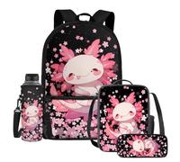 UOIMAG Lot de 4 sacs à dos et boîte à déjeuner avec porte-bouteille d'eau et trousse à crayons, Axolotl Fleurs de cerisier, Taille unique, Ensemble cartable