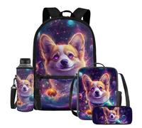 UOIMAG Lot de 4 sacs à dos et boîte à déjeuner avec porte-bouteille d'eau et trousse à crayons, Corgi Planètes Galaxie, Taille unique, Ensemble cartable