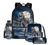 UOIMAG Lot de 4 sacs à dos et boîte à déjeuner avec porte-bouteille d'eau et trousse à crayons, dinosaure, Taille unique, Ensemble cartable