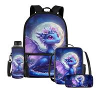 UOIMAG Lot de 4 sacs à dos et boîte à déjeuner avec porte-bouteille d'eau et trousse à crayons, Dragon Moon Flowers, Taille unique, Ensemble cartable