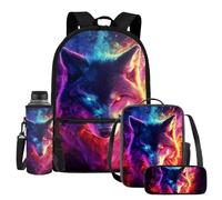 UOIMAG Lot de 4 sacs à dos et boîte à déjeuner avec porte-bouteille d'eau et trousse à crayons, Feu de loup, Taille unique, Ensemble cartable