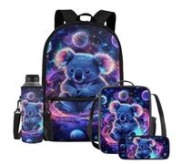 UOIMAG Lot de 4 sacs à dos et boîte à déjeuner avec porte-bouteille d'eau et trousse à crayons, Koala Planètes Galaxie, Taille unique, Ensemble cartable
