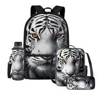 UOIMAG Lot de 4 sacs à dos et boîte à déjeuner avec porte-bouteille d'eau et trousse à crayons, tigre, Taille unique, Ensemble cartable