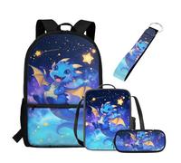 UOIMAG Lot de 4 sacs d'école et sac à déjeuner avec trousse à crayons et porte-clés pour enfants, Dragon Stars, Taille unique, Ensemble cartable