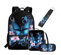 UOIMAG Lot de 4 sacs d'école et sac à déjeuner avec trousse à crayons et porte-clés pour enfants, Fleurs de papillon., Taille unique, Ensemble cartable