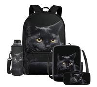 UOIMAG Lot de 4 sacs d'école pour enfants avec sac à dos et sac à déjeuner avec porte-bouteille d'eau et trousse à crayons, motif chat noir, Taille unique, Ensemble cartable