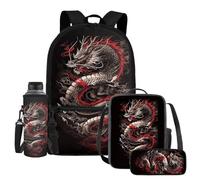 UOIMAG Lot de 4 sacs d'école pour enfants avec sac à dos et sac à déjeuner avec porte-bouteille d'eau et trousse à crayons, dragon, Taille unique, Ensemble cartable