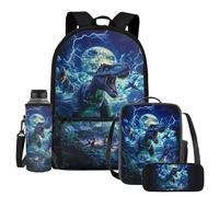 UOIMAG Lot de 4 sacs d'école pour enfants avec sac à dos et sac à déjeuner avec porte-bouteille d'eau et trousse à crayons, Dinosaure Moon Lightning, Taille unique, Ensemble cartable