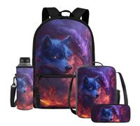 UOIMAG Lot de 4 sacs d'école pour enfants avec sac à dos et sac à déjeuner avec porte-bouteille d'eau et trousse à crayons, Feu de dragon loup, Taille unique, Ensemble cartable