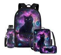 UOIMAG Lot de 4 sacs d'école pour enfants avec sac à dos et sac à déjeuner avec porte-bouteille d'eau et trousse à crayons, Chat noir galaxie, Taille unique, Ensemble cartable