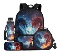 UOIMAG Lot de 4 sacs d'école pour enfants avec sac à dos et sac à déjeuner avec porte-bouteille d'eau et trousse à crayons, Dragon Moon, Taille unique, Ensemble cartable