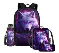 UOIMAG Lot de 4 sacs d'école pour enfants avec sac à dos et sac à déjeuner avec porte-bouteille d'eau et trousse à crayons, Galaxy Wolf., Taille unique, Ensemble cartable