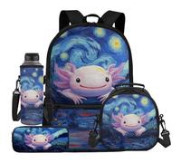 UOIMAG Lot de 4 sacs d'école pour enfants avec sac à dos et sac à déjeuner avec porte-bouteille d'eau et trousse à crayons, Nuit étoilée Axolotl, Taille unique, Ensemble cartable