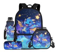 UOIMAG Lot de 4 sacs d'école pour enfants avec sac à dos et sac à déjeuner avec porte-bouteille d'eau et trousse à crayons, Dragon Stars, Taille unique, Ensemble cartable