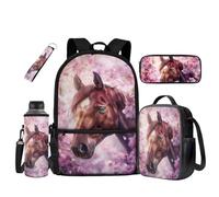 UOIMAG Lot de 5 sacs d'école pour enfants, sac à dos, boîte à déjeuner avec porte-bouteille d'eau, trousse à crayons, porte-clés, Cheval cerisier en fleurs, Taille unique, Ensemble cartable