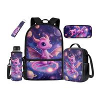 UOIMAG Lot de 5 sacs d'école pour enfants, sac à dos, boîte à déjeuner avec porte-bouteille d'eau, trousse à crayons, porte-clés, Dragon Planètes Galaxie, Taille unique, Ensemble cartable