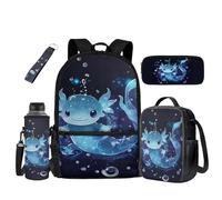 UOIMAG Lot de 5 sacs d'école pour enfants, sac à dos, boîte à déjeuner avec porte-bouteille d'eau, trousse à crayons, porte-clés, Bulle axolotl, Taille unique, Ensemble cartable
