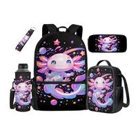 UOIMAG Lot de 5 sacs d'école, sac à dos, boîte à déjeuner, sac à dos pour enfants avec porte-bouteille d'eau, Axolotl Galaxy, Taille unique, Ensemble cartable