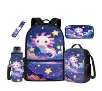 UOIMAG Lot de 5 sacs d'école, sac à dos, boîte à déjeuner, sac à dos pour enfants avec porte-bouteille d'eau, Axolotl Stars, Taille unique, Ensemble cartable