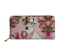 UOIMAG Portefeuille long en cuir PU pour femme avec porte-cartes et pochettes cadeaux pour filles, Jack Russel Terrier Floral (Rose) - UO-6150Z21-1