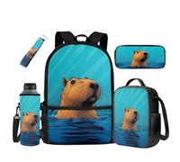 UOIMAG Sac à dos d'école pour enfants avec sac à dos et boîte à déjeuner 5 pièces avec porte-bouteille d'eau, Impression d'eau Capybara, Taille unique, Ensemble cartable