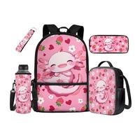 UOIMAG Sac à dos d'école pour enfants avec sac à dos et boîte à déjeuner 5 pièces avec porte-bouteille d'eau, Axolotl Fleurs de fraises, Taille unique, Ensemble cartable