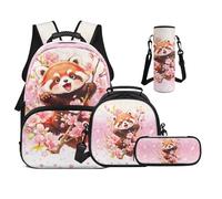 UOIMAG Sac à dos d'écolier pour garçons de 6 à 11 ans 43,2 cm avec boîte à déjeuner pour filles avec bretelles rembourrées, Panda rouge en fleur de cerisier, M, Décontracté