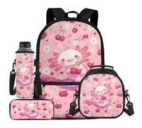 UOIMAG Sac à dos pour enfants avec sac à dos et boîte à déjeuner avec porte-bouteille d'eau et trousse à crayons 4 pièces, Axolotl Cerise Motif floral, Taille unique, Ensemble cartable