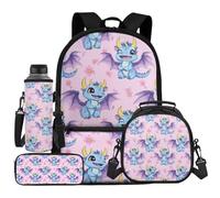 UOIMAG Sac à dos pour enfants avec sac à dos et boîte à déjeuner avec porte-bouteille d'eau et trousse à crayons 4 pièces, Motif dragon, Taille unique, Ensemble cartable