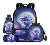 UOIMAG Sac à dos pour enfants avec sac à dos et boîte à déjeuner avec porte-bouteille d'eau et trousse à crayons 4 pièces, Dragon Moon, Taille unique, Ensemble cartable