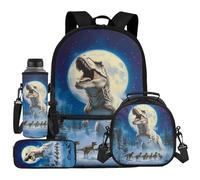 UOIMAG Sac à dos pour enfants avec sac à dos et boîte à déjeuner avec porte-bouteille d'eau et trousse à crayons 4 pièces, Dinosaure lune, Taille unique, Ensemble cartable