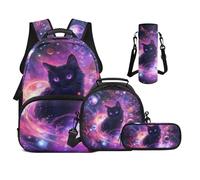 UOIMAG Sac à dos pour filles avec boîte à déjeuner pour sac à livres primaire de 43,2 cm avec sangles rembourrées pour garçons, Chat noir galaxie, M, Décontracté