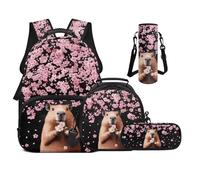 UOIMAG Sac à dos pour garçons pour l'école primaire sac à livres avec boîte à déjeuner ensemble 4 en 1 pour filles, Fleurs de cerisier Capybara, M, Décontracté