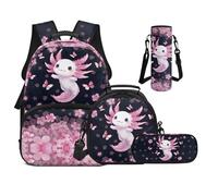 UOIMAG Sac à dos pour garçons pour l'école primaire sac à livres avec boîte à déjeuner ensemble 4 en 1 pour filles, Axolotl Fleurs de cerisier, M, Décontracté