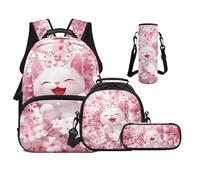 UOIMAG Sacs à dos pour filles de 6 à 11 ans, 43,2 cm avec boîte à déjeuner, ensemble 4 en 1 pour garçons avec sangle rembourrée, Chat fleur de cerisier, M, Décontracté
