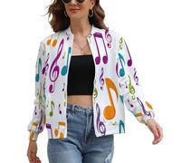 UOMSKTY Blouson Bombers Femme Léger, Veste De Sport Casual Musique Thème Chic Automne Printemps Avec Poches, Manteau Zippé Notes Colorées Imprimé Mode Femme