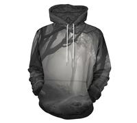 UOMSKTY Brouillard Forêt Capuche Chemises, Pull Imprimé Route Étrange Manches Longues Sweatshirt avec Poches à Cordon, Gris Capuche pour Homme et Femme 4XL
