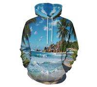 UOMSKTY Nature Île Capuche Chemises, Pull Imprimé Palmiers Tropicaux Manches Longues Sweatshirt avec Poches à Cordon, Bleu Capuche pour Homme et Femme 3XL